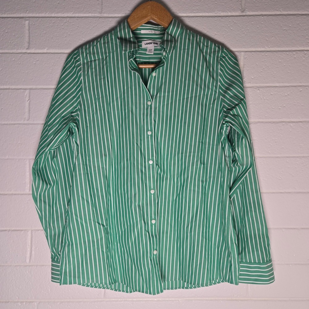 Lands End Striped Button Down Shirt 12 Tall Kelly Green No Iron Classic‎ Office